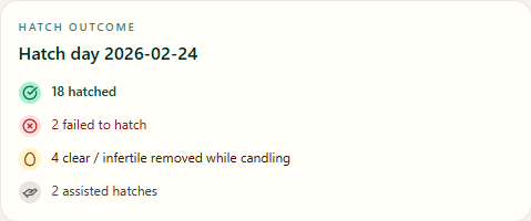 Hatch outcome — counts and notes in one place